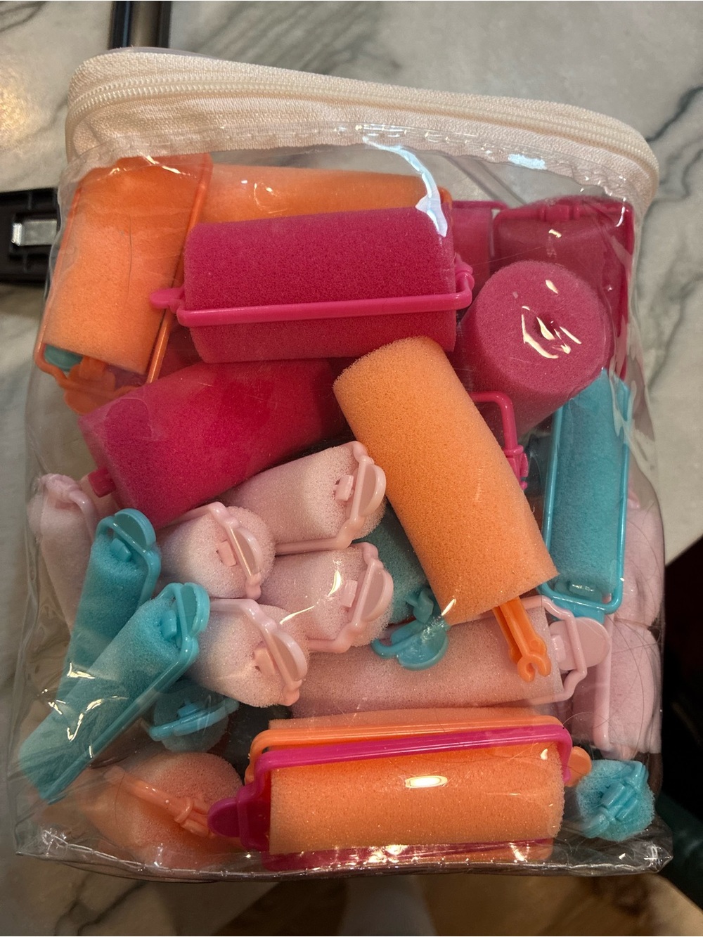 Clear Pouch of Colorful Foam Hair Rollers - Pink, Orange, Blue, Cream